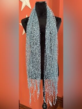 Light Blue Y2K 90’s Open-Knit Fringe Scarf